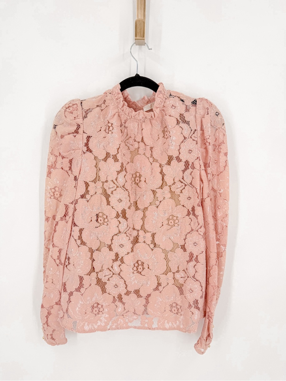 WAYF Pink Floral Lace Blouse Ruffle Collar Tie Back Long Sleeve XS